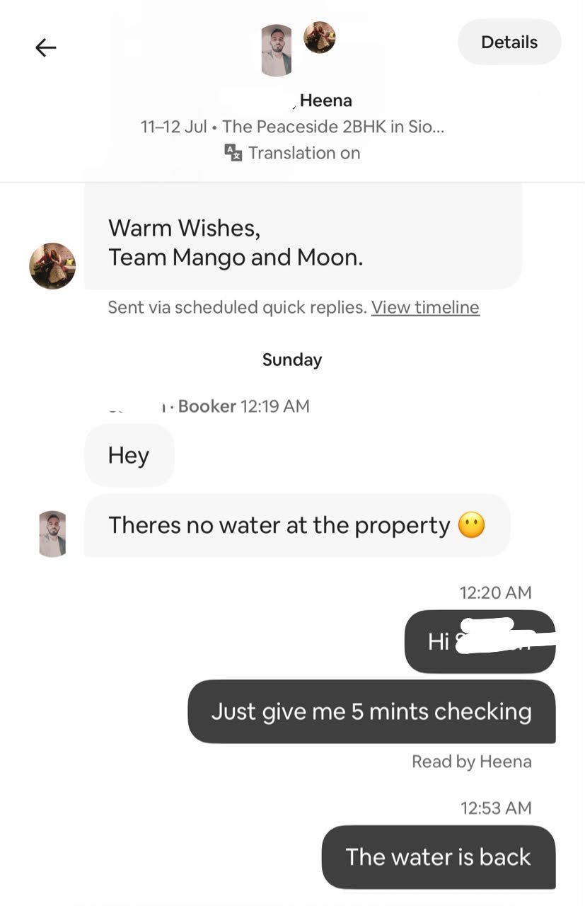 Late-night Airbnb host message thread about a water outage, guest name blurred
